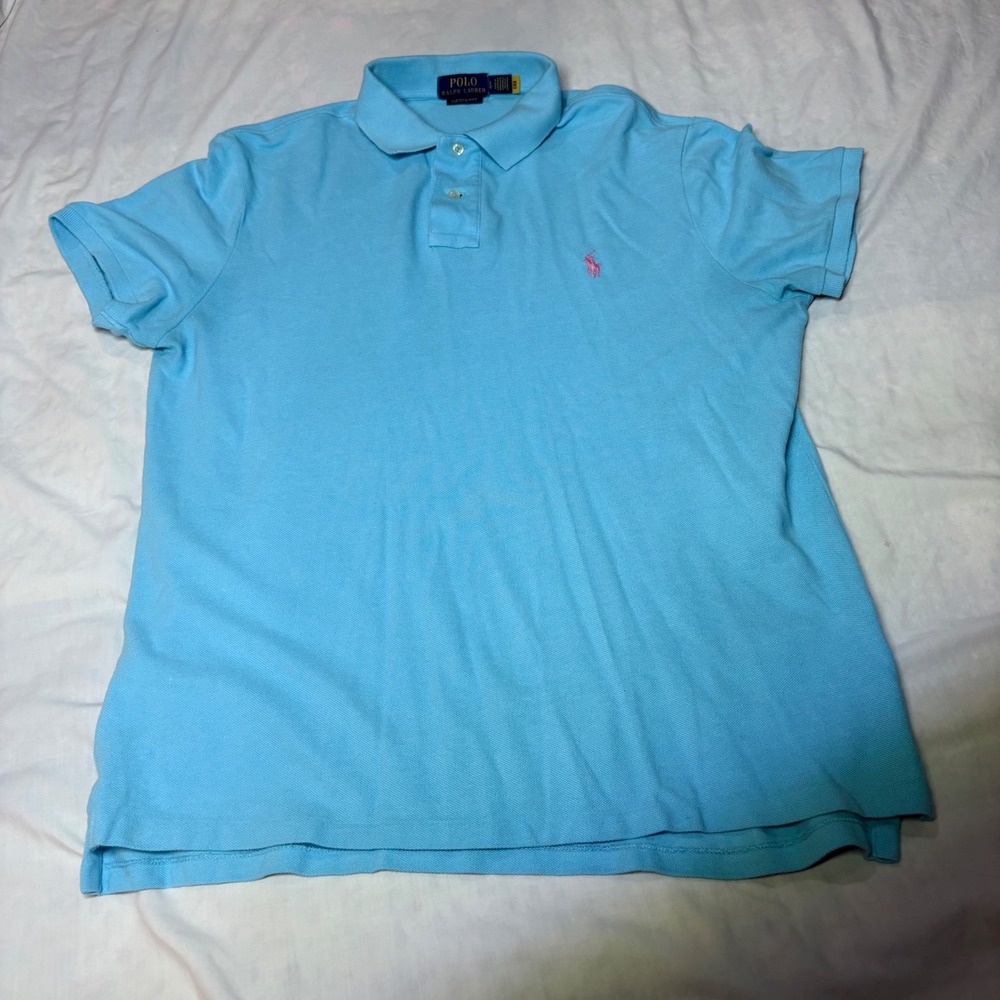 Polo Ralph Lauren Mens Custom Slim Fit Polo Shirt Light Blue Pink Pony Large L